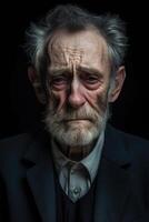 ai gegenereerd portret van een verdrietig ouderen Mens Aan een zwart achtergrond foto