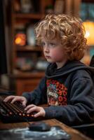 ai gegenereerd een charmant wimpel jongen is spelen een video spel Aan een computer met een kalmte uitdrukking Aan zijn gezicht foto