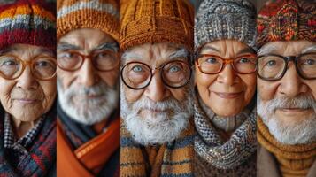 ai gegenereerd een collage van veel verschillend ouderen mensen. mensen van verschillend nationaliteiten en races foto
