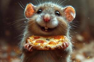 ai gegenereerd een gelukkig schattig muis met een pizza in haar handen. 3d illustratie foto