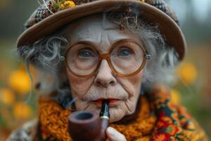 ai gegenereerd een modieus ouderen vrouw rookt een pijp Aan de straat in herfst foto