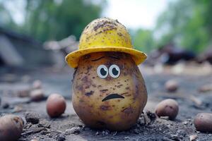 ai gegenereerd aardappelen in een geel hoed met een verdrietig smiley gezicht foto