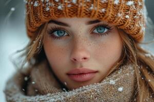 ai gegenereerd winter portret van een jong mooi vrouw in een hoed foto