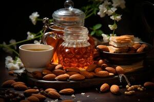 ai gegenereerd een houten kom met geassorteerd noten en honing Aan de tafel Aan een zwart achtergrond. walnoten, pistachenoten, amandelen, hazelnoten en cashewnoten foto