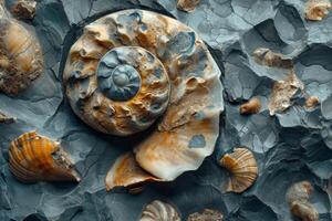 ai gegenereerd texturen van antiek schelpen in steen. behang achtergrond foto