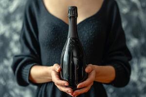 ai gegenereerd detailopname van een vrouw hand- Holding een fles van Champagne. plaats voor de opschrift foto