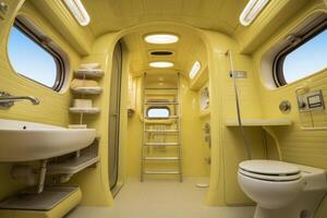 ai gegenereerd badkamer interieur in een camper met toilet en wastafel foto