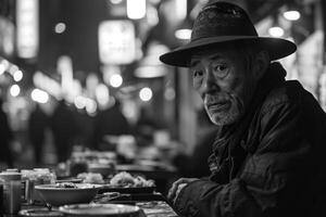 ai gegenereerd portret van een Aziatisch ouderen Mens Aan een stad straat in de avond foto