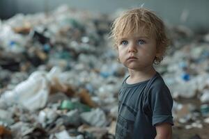 ai gegenereerd de jongen is in de stortplaats. concepten van verontreiniging en de omgeving, wereld milieu dag foto