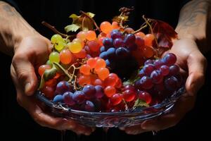 ai gegenereerd gekleurde druiven in de handen Aan een zwart achtergrond foto