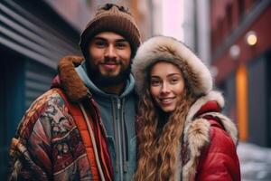 ai gegenereerd portret van een Mens en een vrouw patriotten van hun land tegen de achtergrond van een stad straat foto