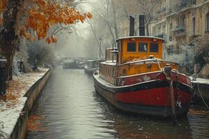 ai gegenereerd een oud boot in de stad kanaal Aan de water foto