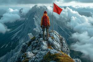 ai gegenereerd een Mens staand Aan top van een berg. een conceptuele foto samenstelling van doelen en prestaties