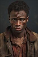 ai gegenereerd portret van een echt Mens van de Afrikaanse ras Aan een zwart achtergrond foto