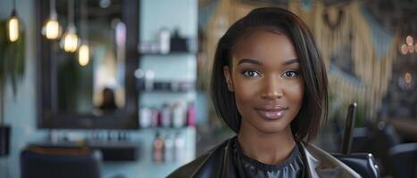 ai gegenereerd Afrikaanse Amerikaans model- vrouw met Rechtdoor golvend haar- in een modern salon interieur foto