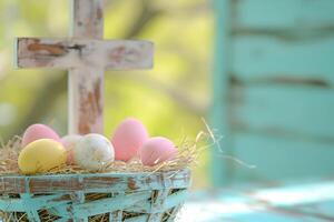 ai gegenereerd gelukkig Pasen concept met Jezus Christus kruis en voorjaar bloem Pasen achtergrond foto