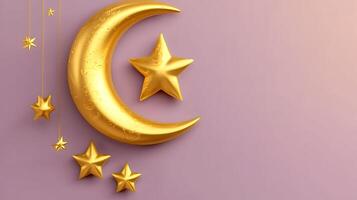 ai gegenereerd heilig maand van Ramadan iftar avondeten uitnodiging met Ramadan 3d maan en Arabisch Islamitisch ornament foto