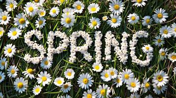 ai gegenereerd gelukkig voorjaar natuur bloem achtergrond met tekst effect foto