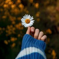 ai gegenereerd gelukkig voorjaar achtergrond met vrouw Holding madeliefje bloem gelukkig voorjaar bloemen achtergrond foto