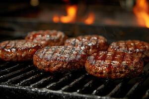 ai gegenereerd gegrild Hamburger pasteitjes Aan een barbecue rooster in een restaurant foto