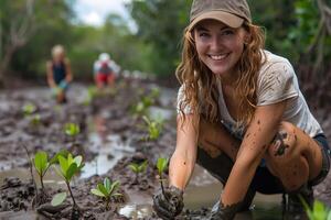 ai gegenereerd glimlachen vrouw aanplant mangrove zaailing Aan mangrove kust foto