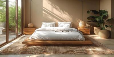 ai gegenereerd helder en knus modern slaapkamer met houten groot bed. gladmaken ochtend- licht met modern decoratie. 3d geven foto