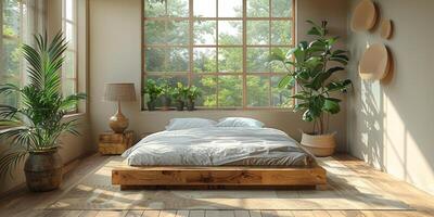 ai gegenereerd helder en knus modern slaapkamer met houten groot bed. gladmaken ochtend- licht met modern decoratie. 3d geven foto