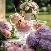 ai gegenereerd ijs room desserts buffet tafel, evenement voedsel catering voor bruiloft, partij en vakantie viering, ijs crèmes en bloemen decor in een bloemen platteland tuin, generatief ai foto