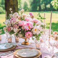 ai gegenereerd vakantie tafellandschap, formeel avondeten tafel instelling, pioen bloemen tafel scape met pioenen decoratie voor bruiloft partij en evenement viering, generatief ai foto