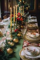 ai gegenereerd Kerstmis tafel landschap, elegant formeel avondeten tafel instelling, tafellandschap met vakantie decoratie voor partij evenement viering, generatief ai foto