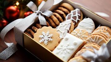 ai gegenereerd Kerstmis koekjes, vakantie biscuit geschenk doos en huis bakt, winter vakantie Cadeau voor Engels land thee in de huisje, eigengemaakt zandkoekjes en bakken recept foto