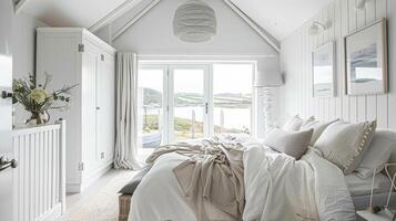 ai gegenereerd wit kust- huisje slaapkamer decor, interieur ontwerp en huis decor, bed met elegant beddengoed en op maat gemaakt meubilair, Engels land huis en vakantie verhuur foto