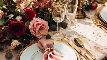 ai gegenereerd bruiloft en evenement viering tafellandschap met bloemen, formeel avondeten tafel instelling met rozen en wijn, elegant bloemen tafel decor voor avondeten partij en vakantie decoratie, huis styling foto