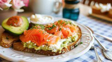 ai gegenereerd avocado geroosterd brood met gerookt Zalm voor ontbijt, eigengemaakt keuken en traditioneel voedsel, land leven foto