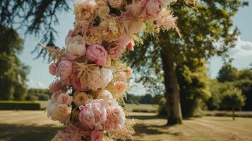 ai gegenereerd bruiloft decoratie met pioenrozen, bloemen decor en evenement viering, pioen bloemen en bruiloft ceremonie in de tuin, Engels land stijl foto