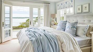 ai gegenereerd wit kust- huisje slaapkamer decor, interieur ontwerp en huis decor, bed met elegant beddengoed en op maat gemaakt meubilair, Engels land huis en vakantie verhuur foto