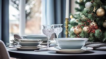 ai gegenereerd Kerstmis vakantie familie ontbijt, tafel instelling decor en feestelijk tafellandschap, Engels land en huis styling foto