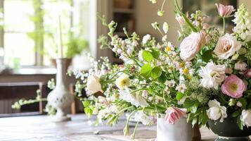 ai gegenereerd voorjaar bloemen in wijnoogst vaas, mooi bloemen regeling, huis decor, bruiloft en bloemist ontwerp foto