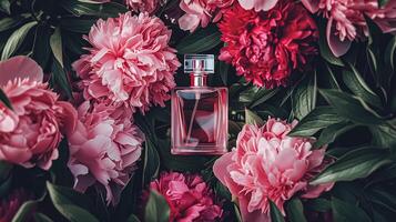 ai gegenereerd parfum fles in bloemen, geur Aan bloeiend achtergrond, bloemen geur en kunstmatig Product foto