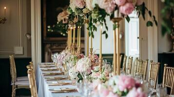 ai gegenereerd bruiloft decoratie met pioenrozen, bloemen decor en evenement viering, pioen bloemen en bruiloft ceremonie in de tuin, Engels land stijl foto