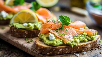 ai gegenereerd avocado geroosterd brood met gerookt Zalm voor ontbijt, eigengemaakt keuken en traditioneel voedsel, land leven foto