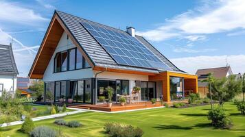 ai gegenereerd modern duurzame huis met zonne- panelen Aan op het dak en weelderig tuin in daglicht foto