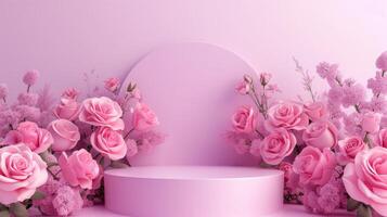 ai gegenereerd een Product Scherm podium stadium met een roze achtergrond versierd met roze bloemen foto