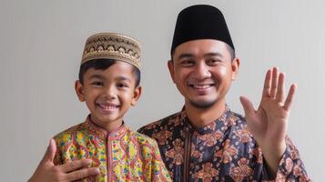 ai gegenereerd gelukkig moslim vader en zoon glimlachen en slijtage traditioneel kleren foto