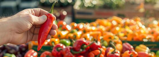 ai gegenereerd vers Chili in hand- Bij peper markt foto