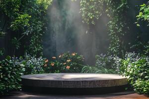 ai gegenereerd nevelig tuin meditatie platform met kopiëren ruimte foto