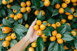 ai gegenereerd hand- oogsten rijp loquat, kopiëren ruimte foto