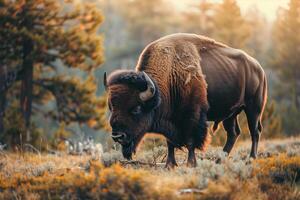 ai gegenereerd zonsopkomst grazen, Amerikaans bizon in gouden weide foto