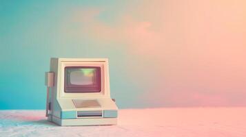 ai gegenereerd retro computer nostalgie Aan pastel backdrop foto