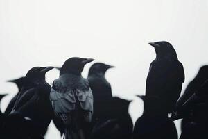 ai gegenereerd silhouet raven Aan wit, onheilspellend halloween foto